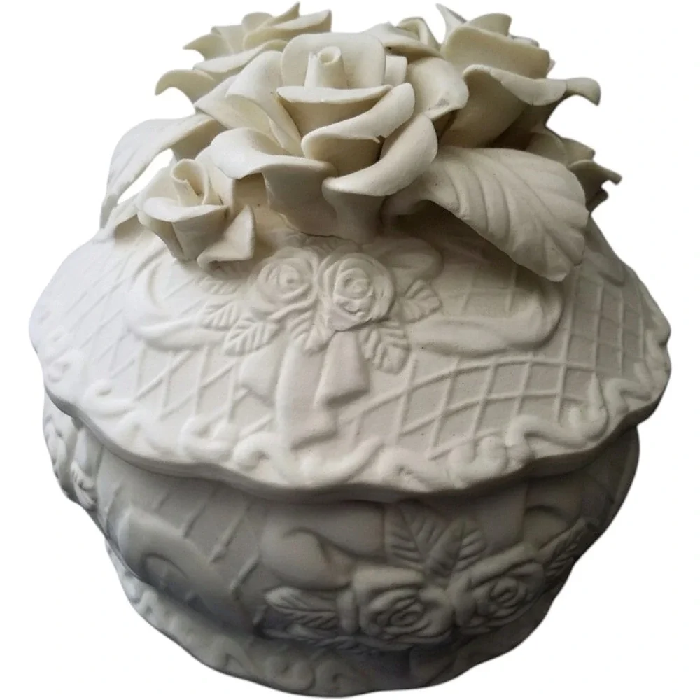 White Bisque Porcelain Rose Trinket Box 3D Floral Basketweave Jewelry Dish Lid